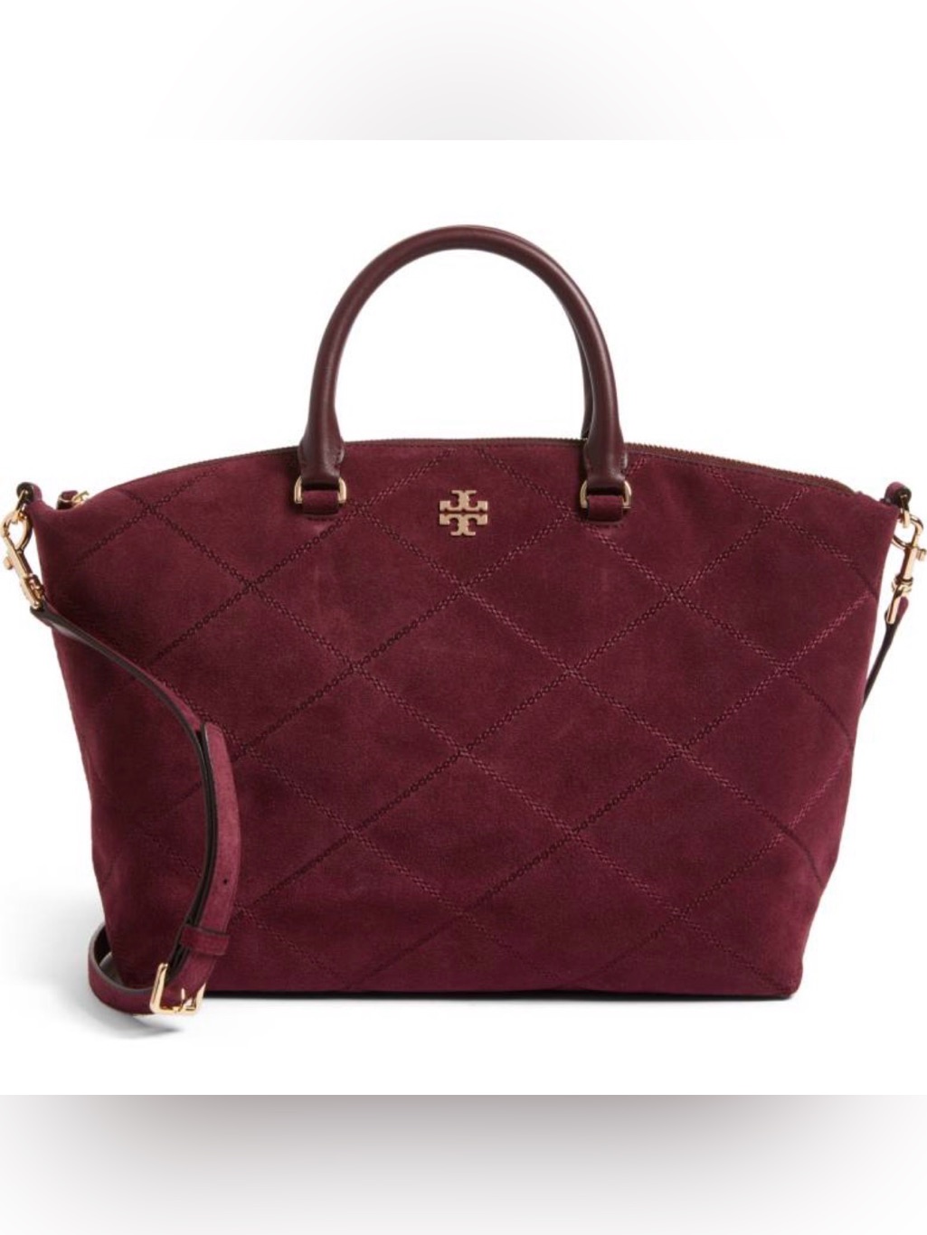 Tory Burch Frida Suede Quilted Satchel Plum Gold Excellent